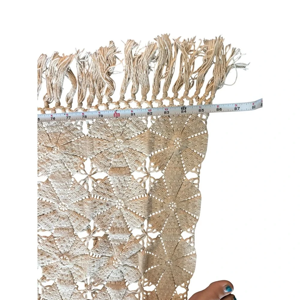 Vintage Handmade Crochet Lace Bedspread Boho Floral Starburst Fringe Cream 85x78